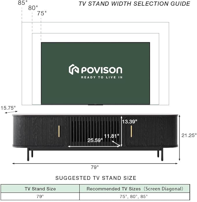 POVISON Fully-Assembled Mid Century Modern Black TV Stand - Image 7