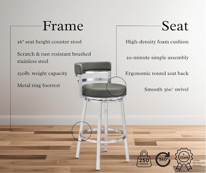 Armen Living Madrid 26" Counter Height Swivel Modern Gray Faux Leather and - Image 3