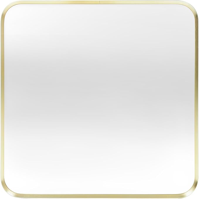 Wall Mount Mirror for Bathroom, Brushed Gold Metal Framed Rounded Corner Square - Image 2