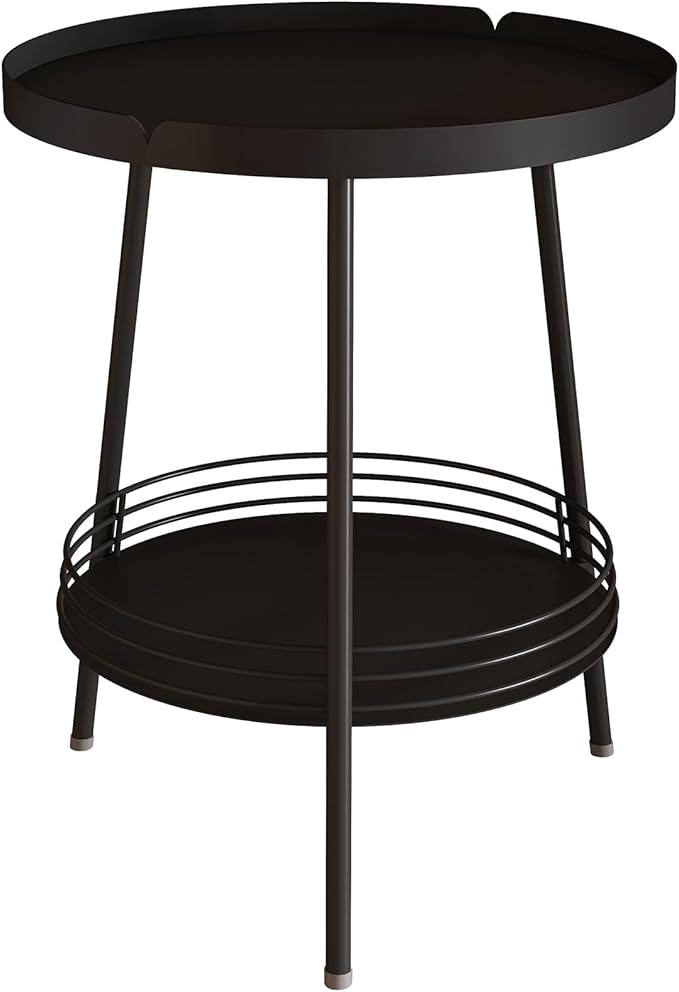 Benkyo 2 Tier Black Metal Round Side Table Tiered Two Shelf Storage Coffee Sofa - Image 7