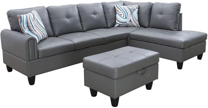 Dark Grey L-Shaped 3-Piece Faux Leather Sofa - Image 8