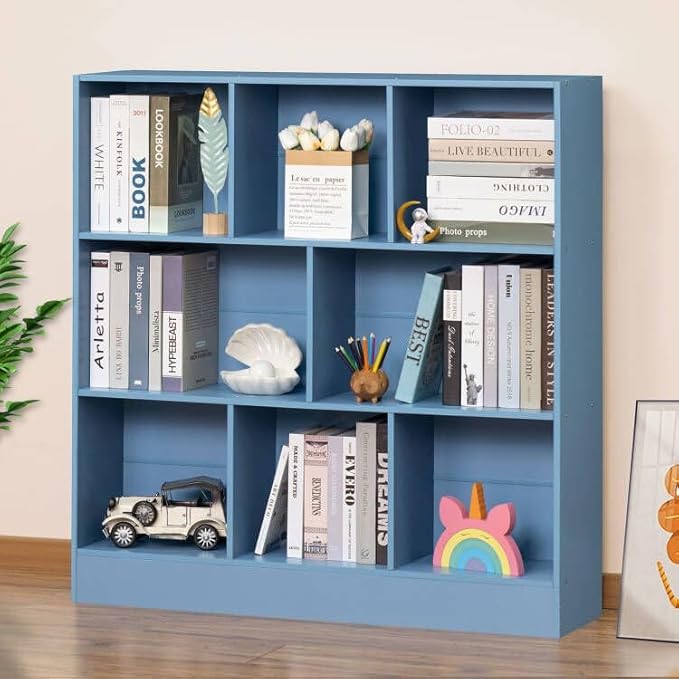 YAHARBO 3 Tier Bookshelf, Wide Kids Horizontal Bookcase, 8 Cube Blue Book Shelf by YAHARBO