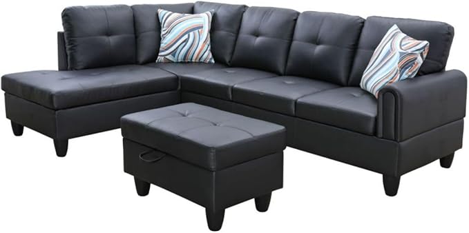 Black White L-Shaped 3-Piece Faux Leather Sofa - Image 8