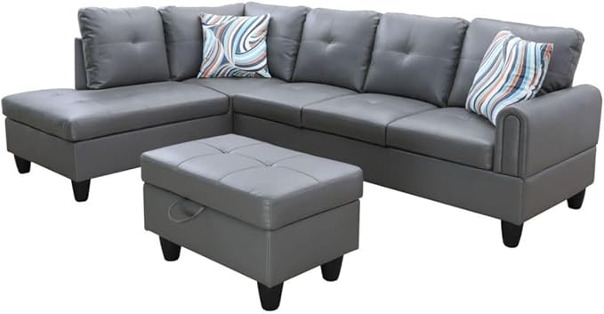 Dark Grey L-Shaped 3-Piece Faux Leather Sofa - Image 8