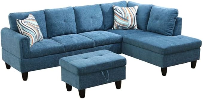 Blue L-Shaped 3-Piece Flannel Sofa - Image 8