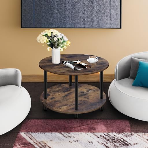 Small Round Coffee Table for Small Space, 23.5" 2-Tier Rustic Brown Wooden - Image 5
