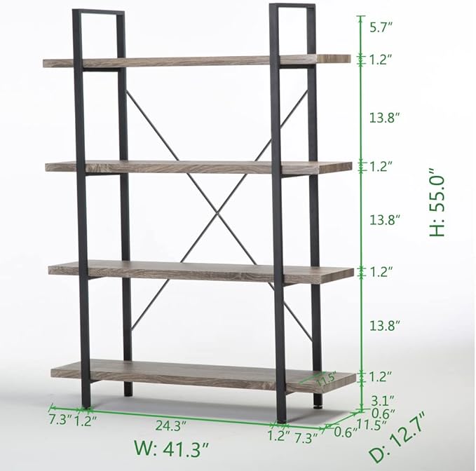 HSH 4-Shelf Vintage Industrial Bookshelf, Rustic Gray Wood and Metal 4 Tier - Image 2