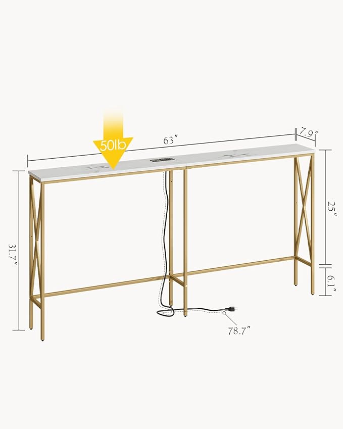 Masupu 63" Console Table with Power Outlet, Modern Narrow Long Sofa Table - Image 3