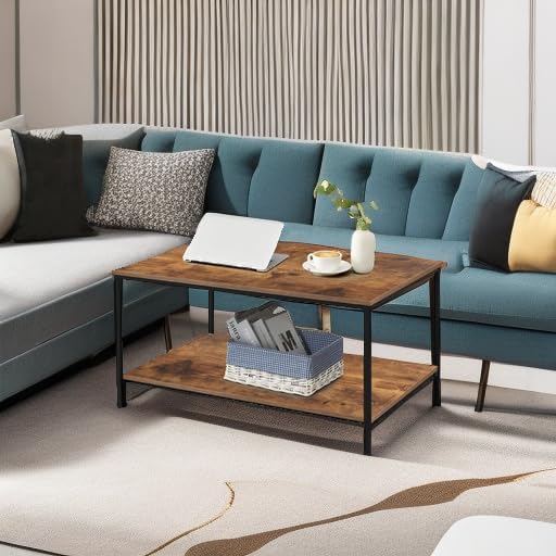 SENIG Small Brown Rectangle Wood and Metal Coffee Table - Image 6