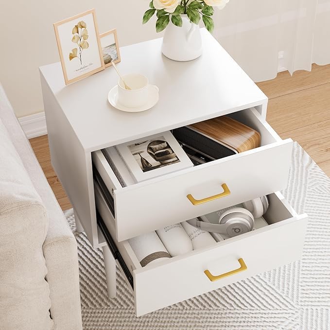Set of 2 White Nightstand with 2 Drawers, Tall Night Stand with Gold Handles - Image 3