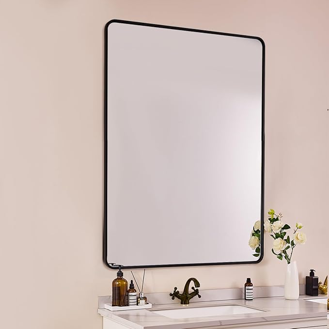 ANDY STAR 30’’x48’’ Black Bathroom Mirror, Rounded Rectangle Black Metal Framed by ANDYSTAR