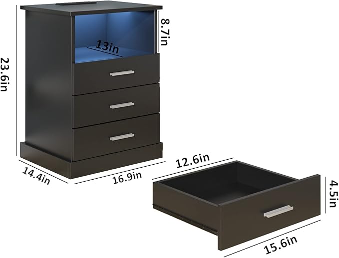 Black LED Nightstand with Charging Station, Side Table with 3 Drawers and Light - Image 2