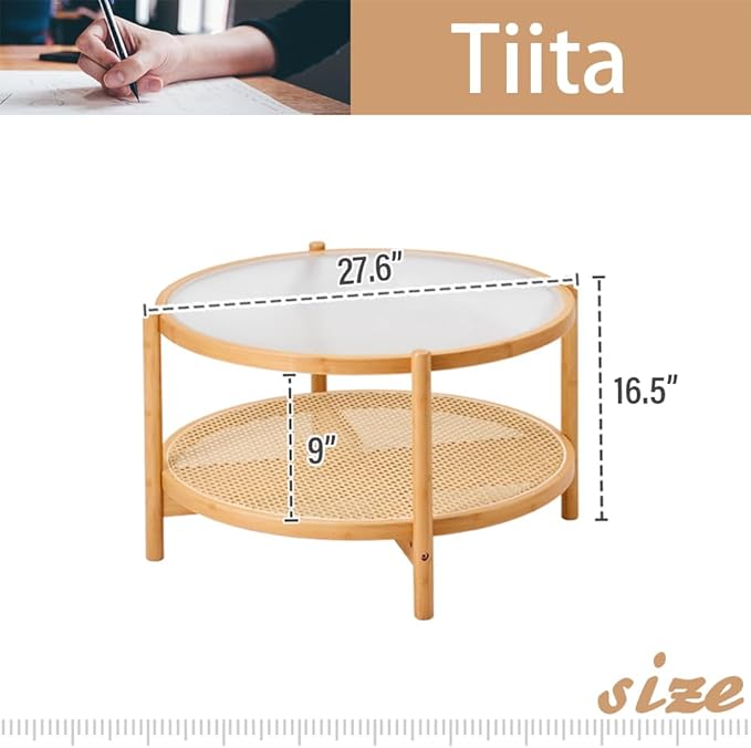 Tiita Rattan Coffee Table, Large Round End Table, 27.6 Inch Modern Side Table - Image 3