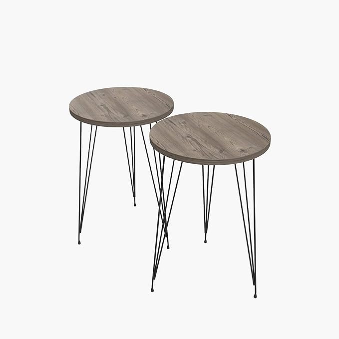 PAK HOME - Set of 2 Pine Wood Grey End Table – Round Wood Sofa Side Coffee - Image 8