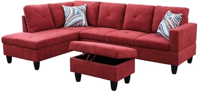 Red L-Shaped 3-Piece Flannelette Sofa by Unknown