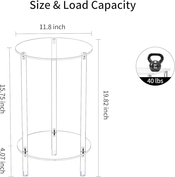 Clear Round Acrylic Side Table for Small Spaces, 11.81" L x 11.81" W x 19.82" H - Image 3