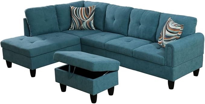 Green L-Shaped 3-Piece Flannel Sofa - Image 8