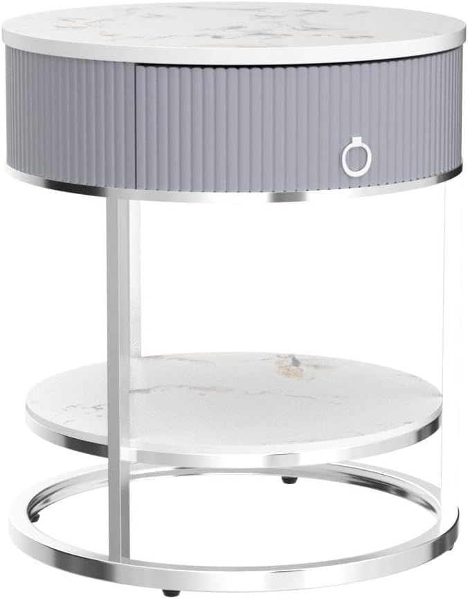 OIOG Modern End Table with Drawer, 2 Tier Side Table with Shelf, Round - Image 5