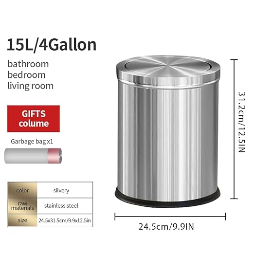 15L/4GAL Silver Stainless Steel Bathroom Garbage can, Bathroom Trash Can - Image 6