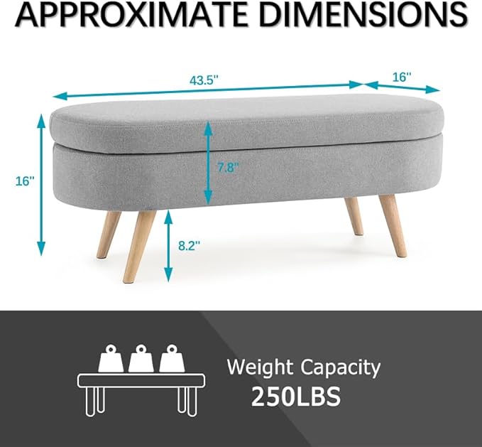 Oval Storage Bench 43.5" Linen Fabric Upholstered Entryway Bench - Image 2
