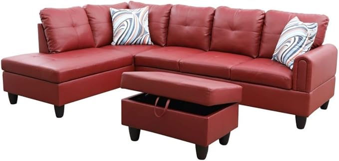 Red L-Shaped 3-Piece Faux Leather Sofa - Image 8