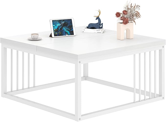 FOLUBAN White Coffee Table, Modern Rustic Wood and Metal Center Table, - Image 8