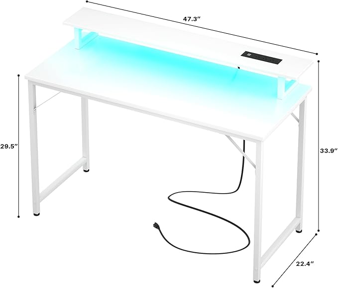 Computer Desk with USB Power Outlets and LED Lights, 47 inch Gaming Desk with - Image 3