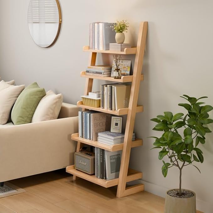 Wooden Ladder Shelf with Edges, 5-Tier Modern Leaning Bookshelf Ladder – by AQIMUELE-Solidwoodfurniture
