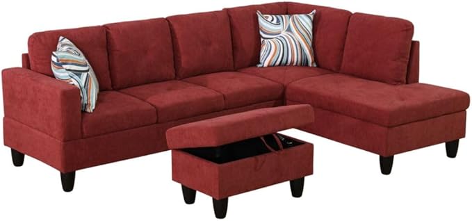 Red L-Shaped 3-Piece Flannelette Sofa by Unknown