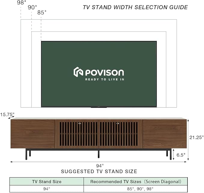 POVISON Mid Century Modern Sintered Stone TV Stand, Slatted Media Console TV - Image 3