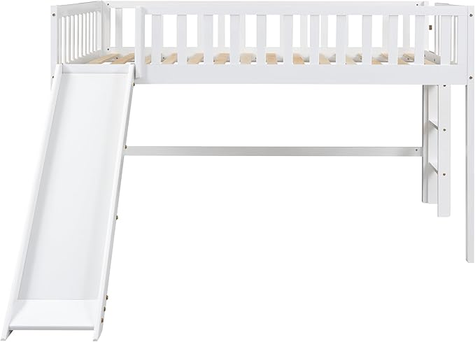 Full Size Low Loft Bed with Ladder and Slide, Vertical Design Wooden Bed Frame - Image 4