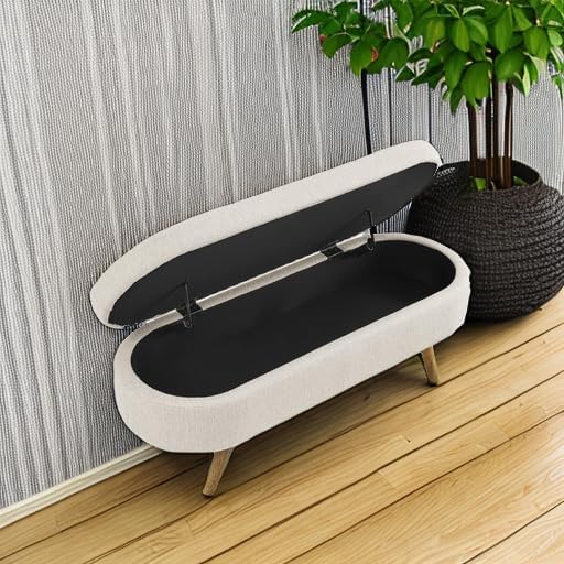 Oval Storage Bench 43.5" Linen Fabric Upholstered Entryway Bench - Image 5