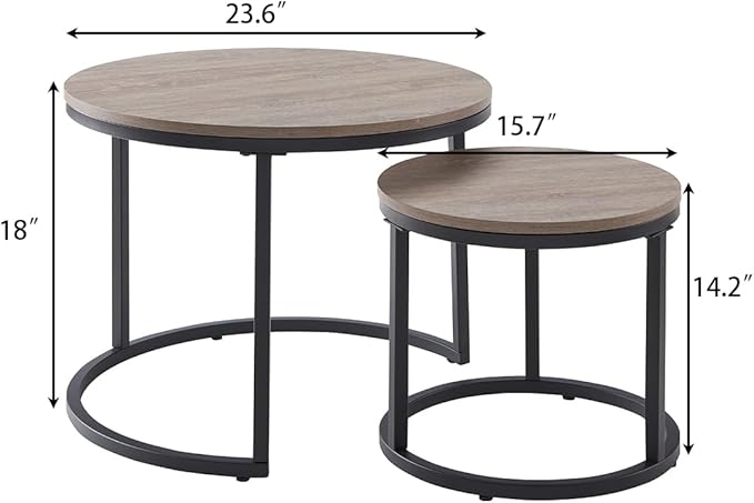 CENSI 24" Round Nesting Table, Accent Coffee Table, French Oak Grey Wood Finish - Image 2