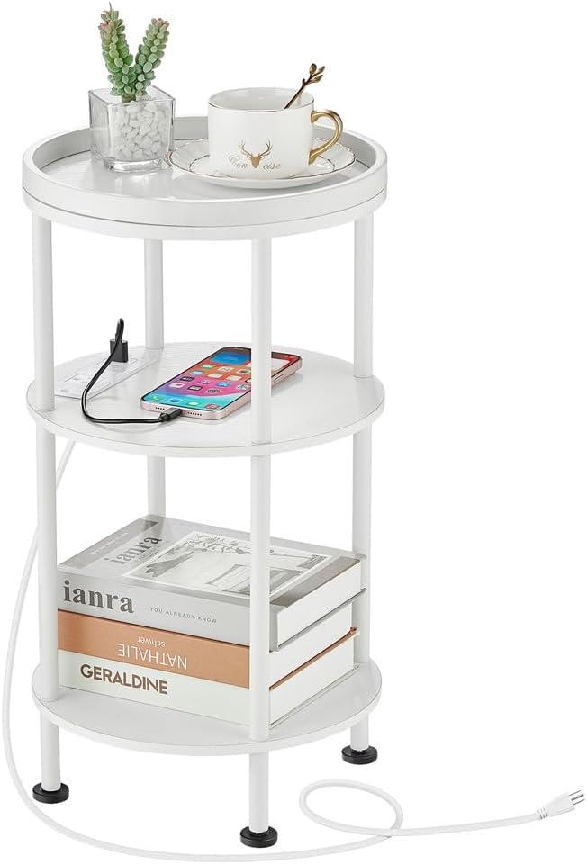 Small Round End Table with Charging Station, 3-Tier Accent Couch Beside Table by Zexvida