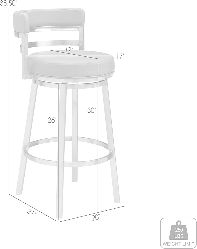 Armen Living Madrid 30" Seat Height Swivel White Faux Leather and Brushed - Image 3