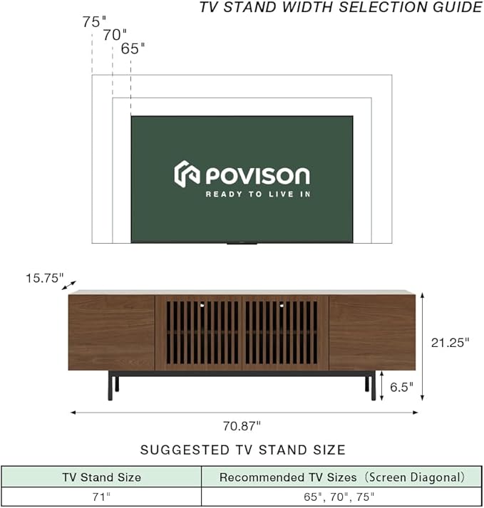 POVISON Mid Century Modern Sintered Stone TV Stand, Slatted Media Console TV - Image 3
