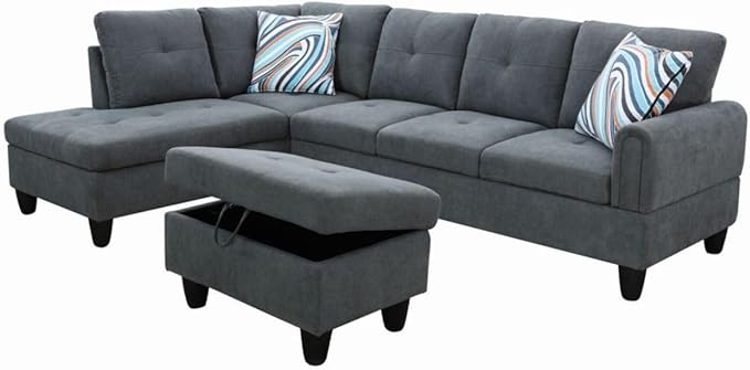 Dark Grey L-Shaped 3-Piece Flannel Sofa - Image 8