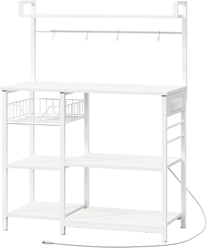 HOOBRO Bakers Rack with Power Outlet, 35.4 Inches Coffee Bar with Mesh Basket by HOOBRO