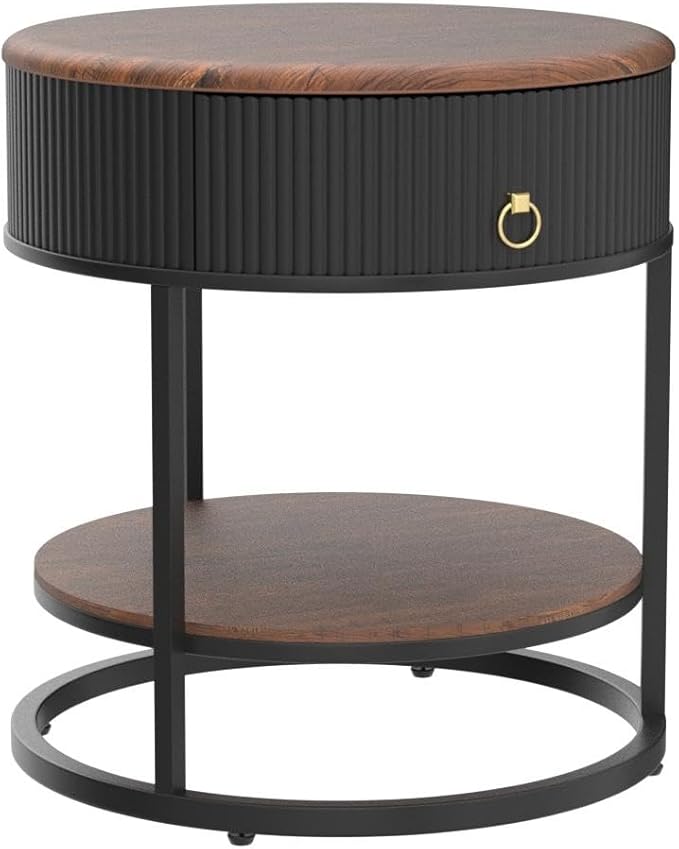 OIOG Round End Table with Drawer, Modern Wood Grain Side Table with Shelf - Image 5