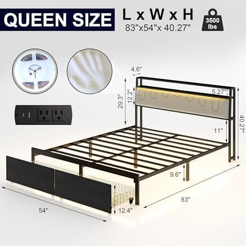 Queen Bed Frame with Storage Headboard, Metal Platform Bed Frame with LED - Image 2