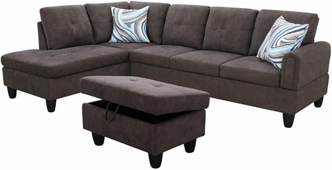 Dark Brown L-Shaped 3-Piece Flannel Sofa - Image 9