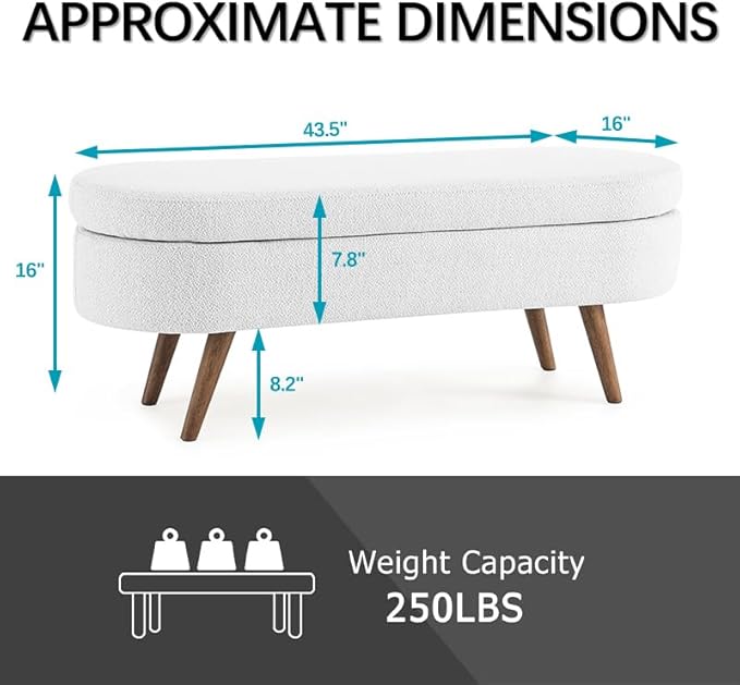 Oval Storage Bench 43.5" Linen Fabric Upholstered Entryway Bench - Image 2