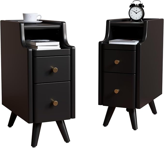 Narrow Nightstand with Drawers, Wood Bedside Table, Small Black Nightstand Set - Image 9