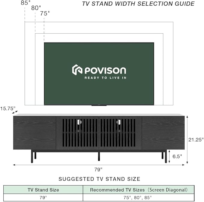 POVISON Mid Century Modern Sintered Stone TV Stand, Slatted Media Console TV - Image 5