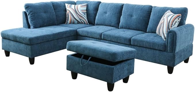 Blue L-Shaped 3-Piece Flannel Sofa - Image 8