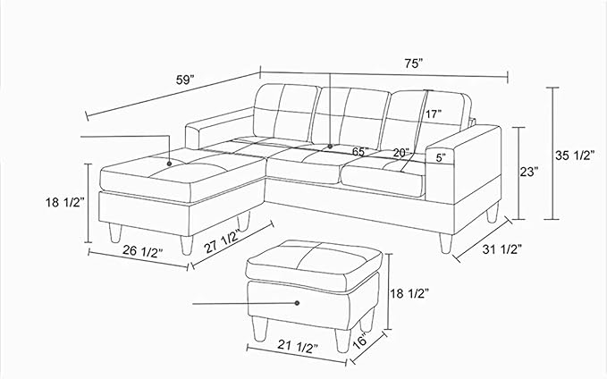 L Shaped Sofa with Ottoman, Modern Faux Leather Couch with Chaise, 3 Seat - Image 2