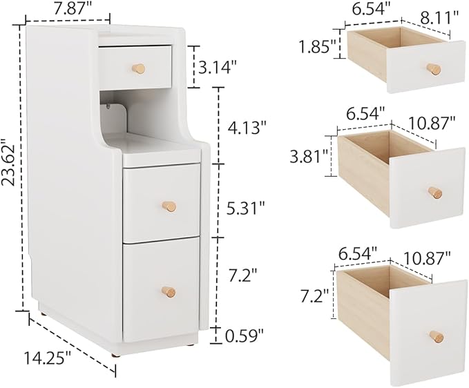 Narrow Nightstand with 3 Drawers, Solid Wood Small Nightstand White, Modern - Image 2