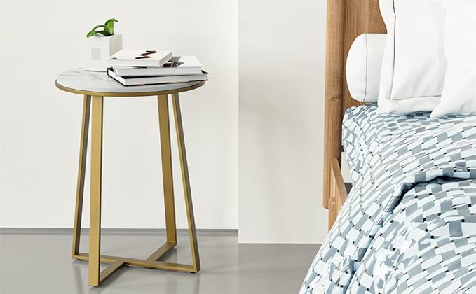 Round End Tables, Small Side Table White Marble Texture MDF Top, Metal Frame - Image 9