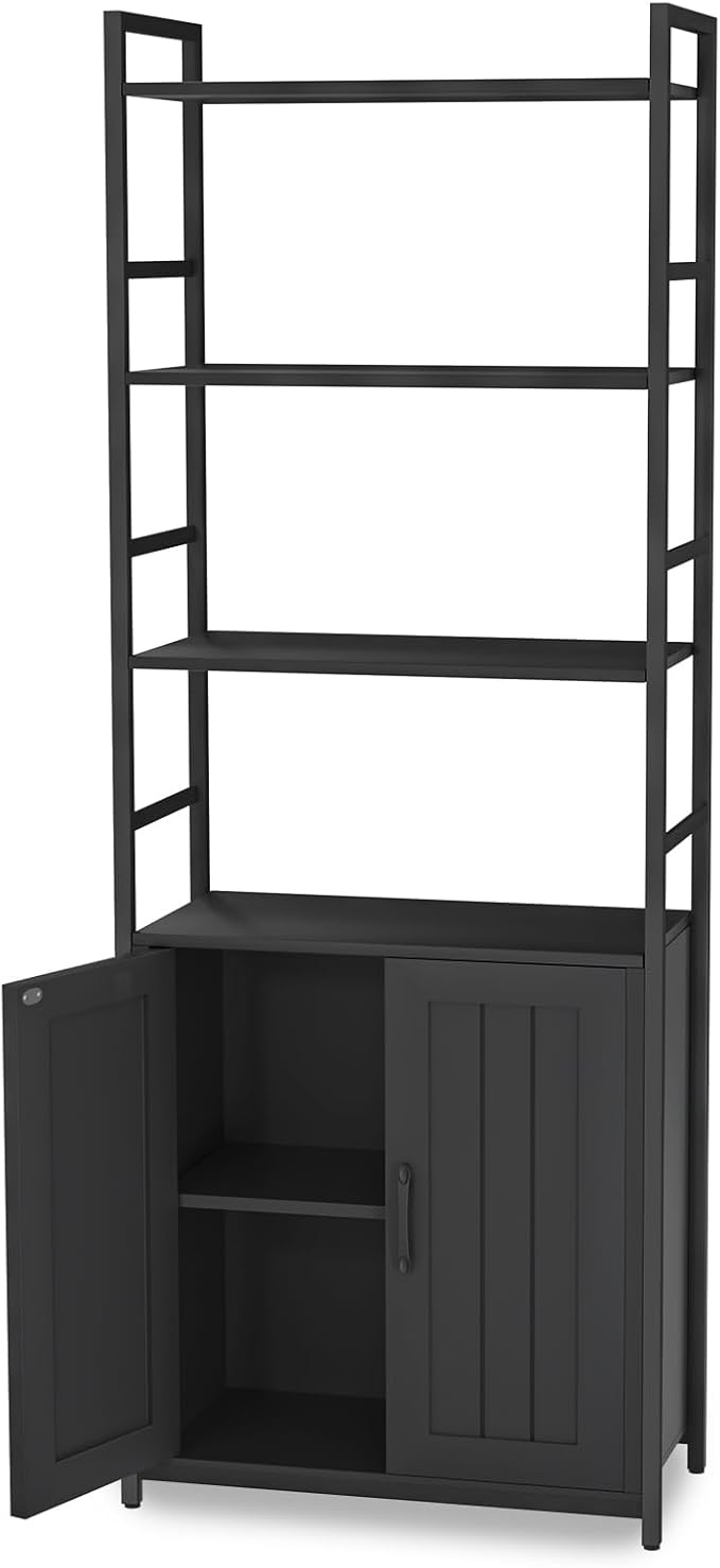 Black Bookshelf with Doors, 6 Tier Book Shelf by Lazyvan