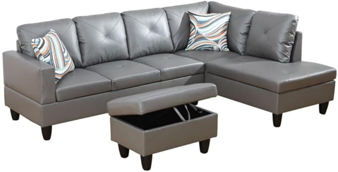 Dark Grey L-Shaped 3-Piece Faux Leather Sofa by Unknown
